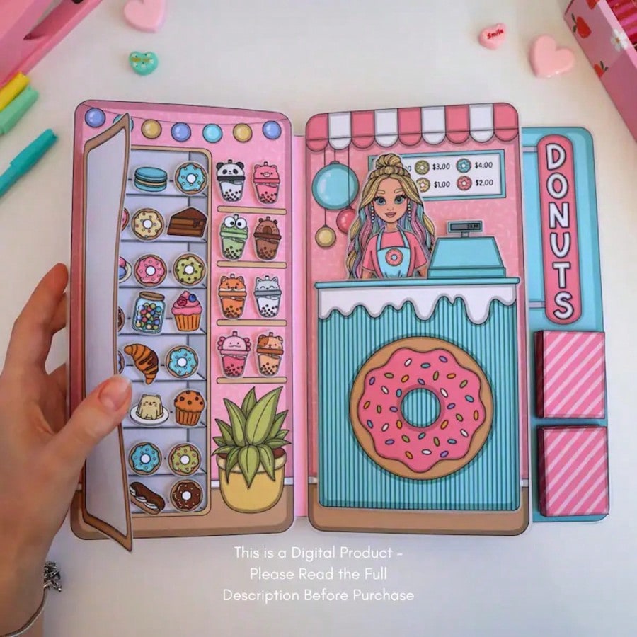 Art Craft Book - Donut-Shop Rollenspiel-Set, DIY Papierpuppenhaus Stickerbuch, Kinder