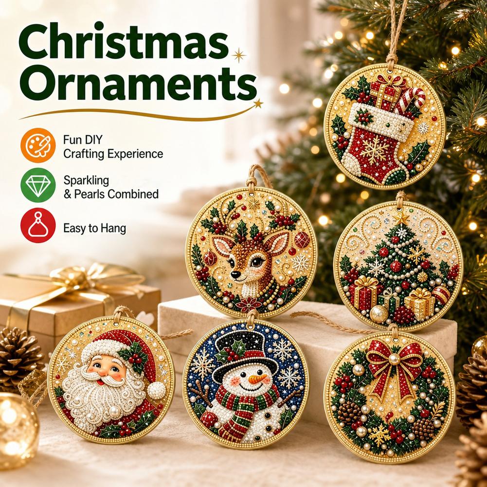 Diamond Painting Kit - 6 Stück Weihnachtsschmuck Diamant-Malerei-Set Perlen-Strass-Anhänger Runde