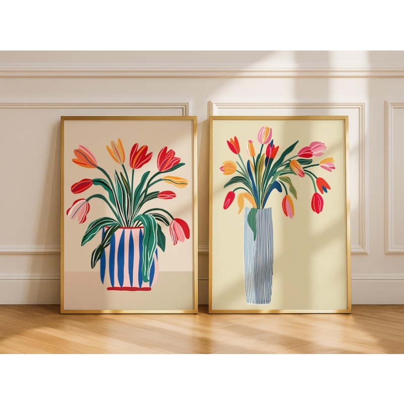 Art Craft Vase - 2 Stück Tulpenblumen-Leinwand-Wandkunst, ungerahmte moderne Blumenvasen-Drucke,